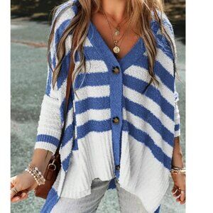 Cozy Color block Striped Button Down Oversized High Low Cardigan